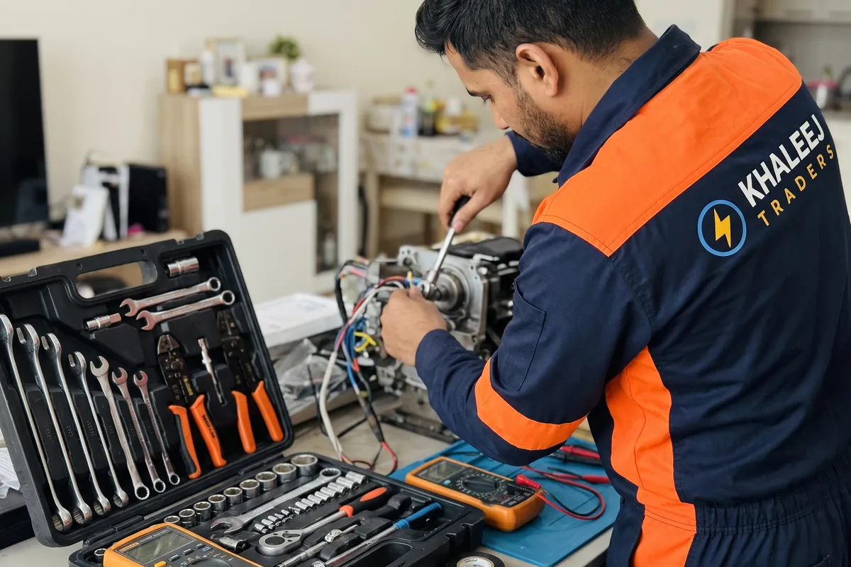 Technician repairing a motor with a full tool kit