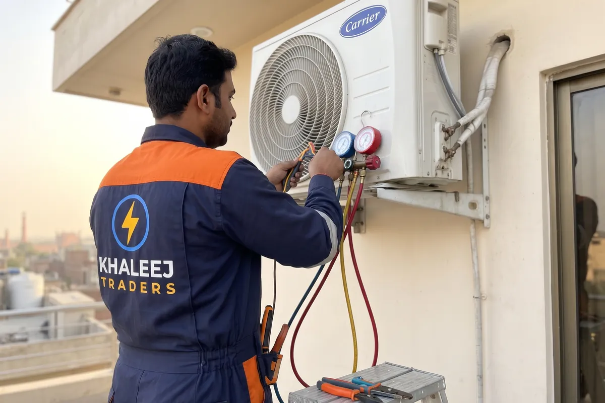 Khaleej Traders technician checking AC gas pressure on a split AC outdoor unit in Lahore