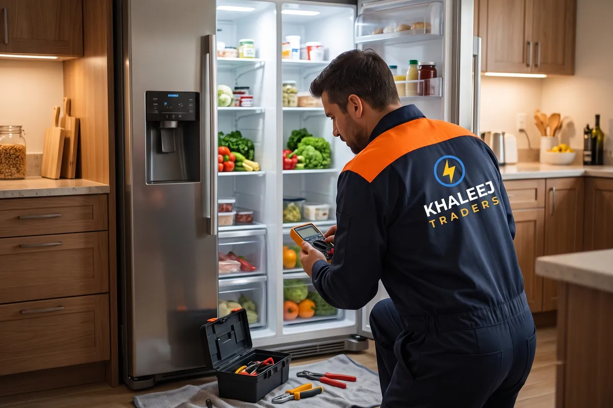 Khaleej Traders technician testing a refrigerator with a multimeter in Lahore