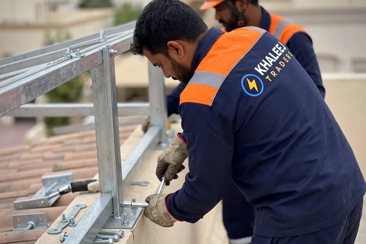 Khaleej Traders technicians installing a solar mounting frame on a Lahore rooftop