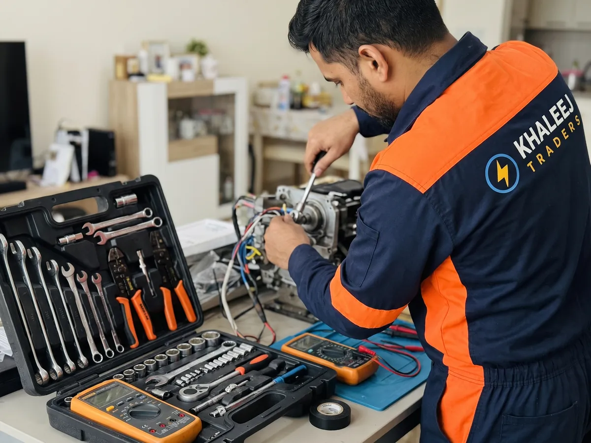 Khaleej Traders technician repairing an appliance motor with a full tool kit